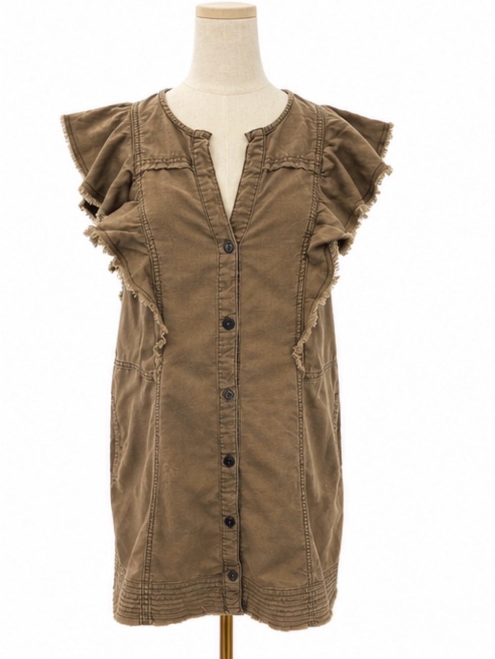 Pilcro Anthropologie Brown Cotton Ruffle Sleeve Button Front Dress Medium